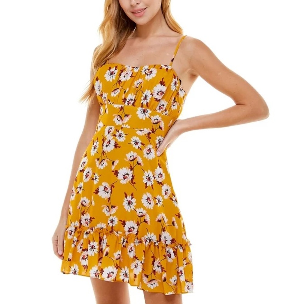 City Studio yellow floral scoop neck mini dress; size 7